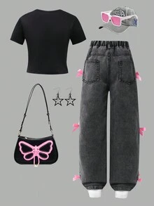 SHEIN ChillGRL 2 件套女童休闲蝴蝶结 T 恤和牛仔裤套装，日常通勤穿着 - 黑色 - 查看 2