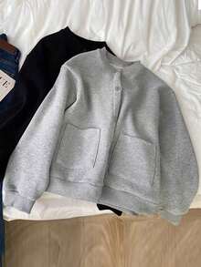 Resyla Jaket Kasual Wanita Ukuran Besar Warna Polos Lengan Panjang Kancing Tunggal dengan Kantong, Musim Gugur - Grey - View 1