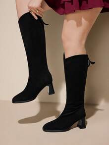 CUCCOO CURVES Women's Fashion Daily Wear Back Zipper Wide Calf High Heel Boots For Christmas - Black - View 5