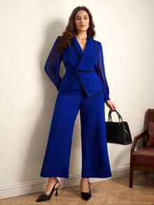 Chikora Plus Size Contrast Color Trim Long Sleeve Jumpsuit - Blue - View 3