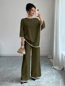 Elenzga 女士休闲宽松斗篷式上衣和宽松撞色针织裤两件套 - 軍綠色 - 查看 6