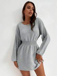 SHEIN LUNE Váy len cổ tròn thắt eo thường ngày cho nữ, Thu/Đông - Xám - Xem 3
