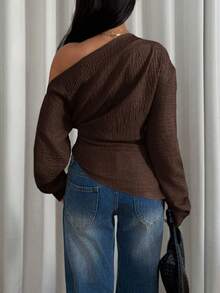 Siren Gaze 女士休闲日常通勤简约纯色不对称领荷叶边修身衬衫，春秋季 - 棕色 - 查看 2