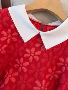 Plus Size Contrast Color Collar Short Sleeve Jacquard Print Blouse Valentine's Day - Red - View 4