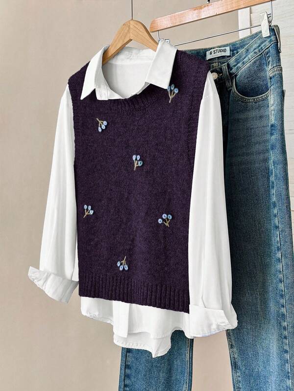 Modelyn كنزة صوفية بياقة طاقم مطرزة بلون واحد للنساء للخريف والشتاء