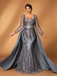 Serin Plus Size Elegant Romantic Luxury Gray Sweetheart Neck Long Sleeve Sheer Sequin Embroidered Sequins Sequins Mermaid Hem With Trailing Formal Gown (Heavily Embellished Design) - Grey - View 3