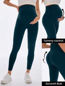 SHEIN 孕妇纯色弹力腰速干运动紧身裤 - 藍色 - 查看 5