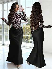 Rafferiza Women's Autumn Leopard Print Bodycon Mock Neck Long Sleeve Fishtail Dress,Elegant & Black Night Out Long Dresses For Holiday Parties - Black - View 1
