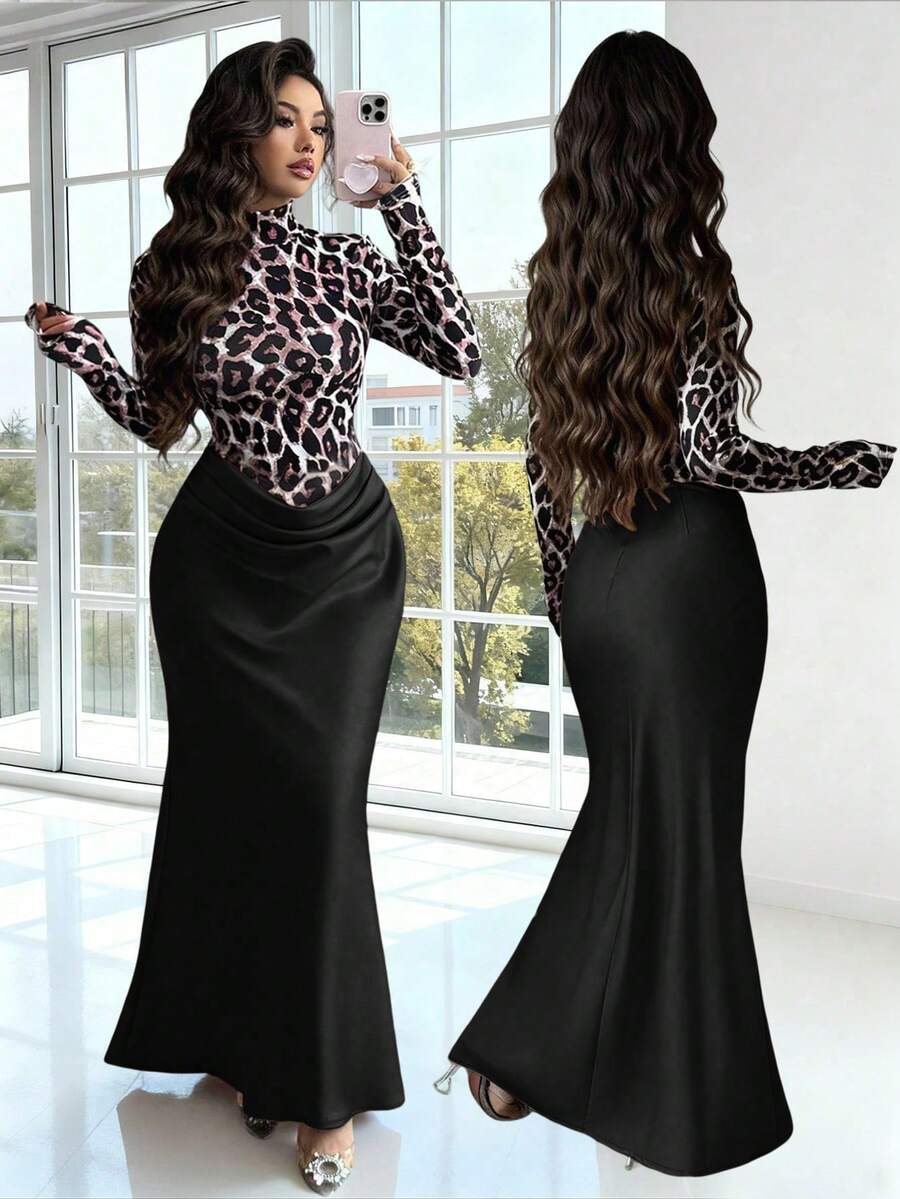 Rafferiza Women's Autumn Leopard Print Bodycon Mock Neck Long Sleeve Fishtail Dress,Elegant & Black Night Out Long Dresses For Holiday Parties - Black - View 1
