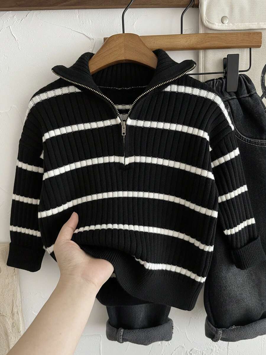 SHEIN Young Boys' Autumn/Winter High Collar Striped Zip-Up Cardigan Sweater, Versatile For Home, School, Outings, Beige & Black