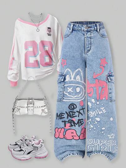 SHEIN ChillGRL 女童时尚甜心刺绣直筒宽松牛仔裤