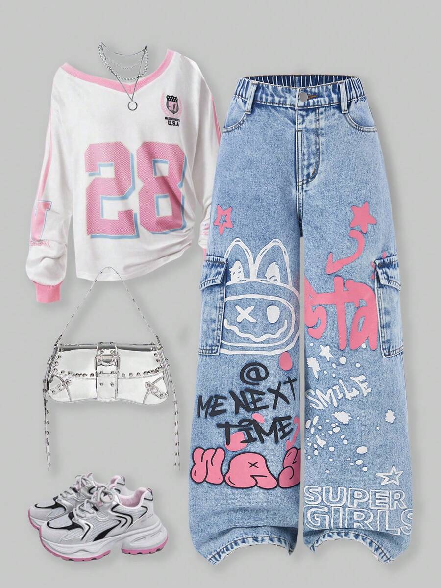SHEIN ChillGRL 女童时尚甜心刺绣直筒宽松牛仔裤 - 藍色 - 查看 1