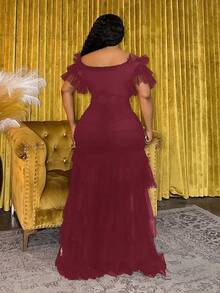 Veslaya 2025 Plus Size Women's New Spring/Summer Elastic Waist Bohemian Sheer Off Shoulder Ruffle Hem Elegant Maxi Dress - Suitable For Music Festivals, Easter, Boho Events, Nashville Style Occasions, Birthday Parties, Graduations, Student Casual Wear, Leisure, Vacation, Cruise Travel, Beach, Sunbathing, Casual Resorts, Beach Activities - Burgundy - View 3