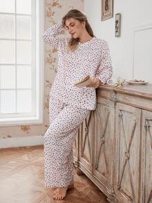 SHEIN Plus Size Romantic Ditsy Floral Crew Neck Long Sleeve Top And Wide Leg Pants Women Pajama Set, Winter Clothes Pajama Sets For Women Round Neck Pj Sets For Women Long Sleeve Strawberry Pajama Set Soft Pajamas Set Cherry Pajama Set