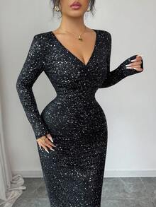 Elenzga Women's Elegant Black Sequin V-Neck Ruched Fitted Midi Dress,Polka Dot Knit Stretchy Fabric,Autumn Day Party Chic Design,Flattering Silhouette - Black - View 4