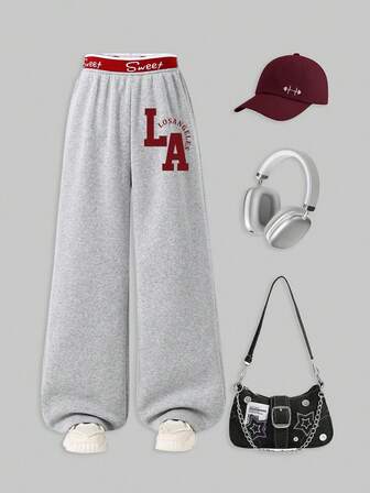 SHEIN ChillGRL 少女休闲宽松拼色字母图案直筒运动裤，适合外出、街拍和上学，适用于秋冬春季