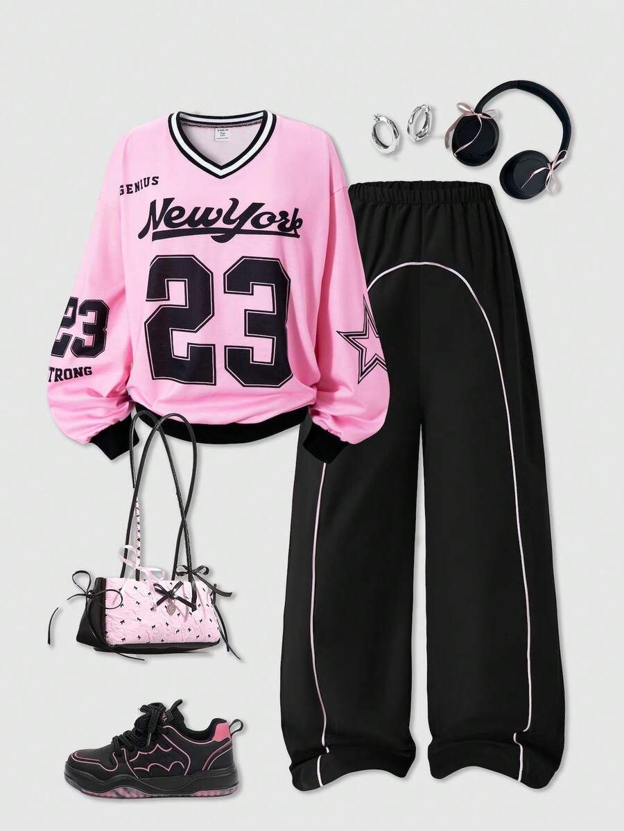 SHEIN ChillGRL 2件套青少年女孩V领字母印花连帽衫运动衫和工装裤休闲装 - 粉色 - 查看 1