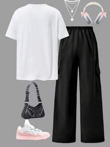 SHEIN 两件套少女休闲时尚卡通图案短袖上衣搭配粉色工装裤套装，适合女孩夏季假期穿着 - 彩色 - 查看 2