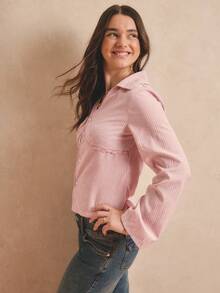Women's Striped Shirt With Unique V-Neck Design, Front Lace Patchwork, Fitted Cut, Suitable For School, Dates, Autumn/Winter - Pink - View 3
