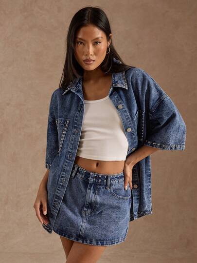 SHEIN BAE Conjunto de dos piezas de top de manga corta holgado casual y minifalda para mujer