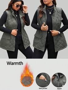 Calvaya Áo vest không tay đệm bông cỡ lớn cho nữ có khóa kéo, phong cách thường ngày, quần áo mùa đông - Màu xám đen - Xem 2