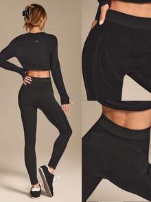 GLOWMODE 无缝羊毛保暖弹力热压缩收腹罗纹紧身裤跑步训练健身房工作室日常运动秋冬 - 黑色 - 查看 7