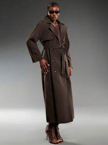 Normani 女士纯色双排扣风衣，通勤风格 - 棕色 - 查看 6