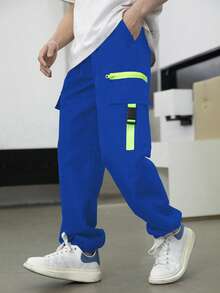 SHEIN Fantacosmos Tween Boy Contrast Color Cargo Style Jogger Pants - Royal Blue - View 4