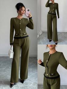 Elenzga Bộ đồ hai mảnh tương phản đen trắng thanh lịch thu/đông 2025 dành cho nữ - xanh quân đội - Xem 6