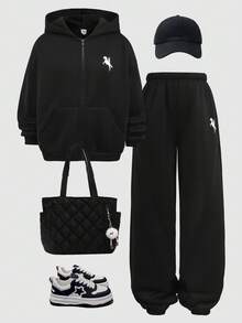 SHEIN 少女两件套服装，黑色连帽卫衣，秋季休闲套装，适合儿童日常穿着，返校、典礼、日常、学校、旅行、运动、秋冬季、新年、圣诞节等场合。 - 黑色 - 查看 3