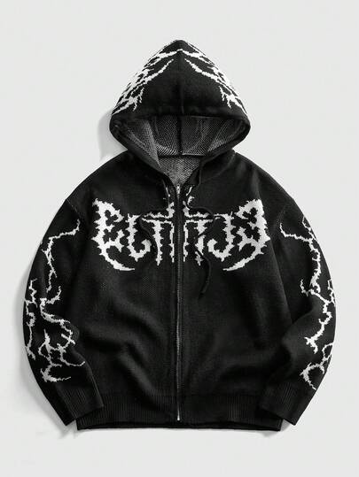 Cárdigan con capucha de punto con alas de esqueleto de estilo callejero oscuro para hombres