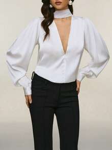 Poéselle Women's Fashionable Sexy Solid Color Deep V-Neck Long Sleeve Blouse,Elegant Blouses For Women Puff Sleeve Blouse White Blouse Elegant White Long Sleeve Blouse V Neck Blouse Elegant Women's Blouses Valentine's Day Wedding Tops Daily & Date Night Essential - White - View 7