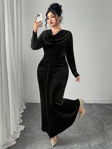 Modelyn 优雅丝绒垂褶领长袖修身常规款加大码连衣裙，春秋季 - 黑色 - 查看 5