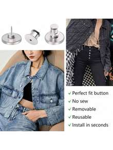 3/6/8/12/24 chiếc Ghim cài nút cho quần jean rộng, không cần may và không cần dụng cụ, nút quần thay thế tức thì, nút quần bằng kim loại có thể tái sử dụng và điều chỉnh được, Ghim cài nút quần jean - Bạc - Xem 5