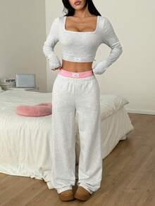 CovetEZ 两件套女士休闲撞色腰带裤和露脐上衣套装 - 淺灰色 - 查看 2