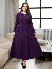 Modelyn 大码优雅纯色褶皱连衣裙，适合通勤。 - 紫色 - 查看 3