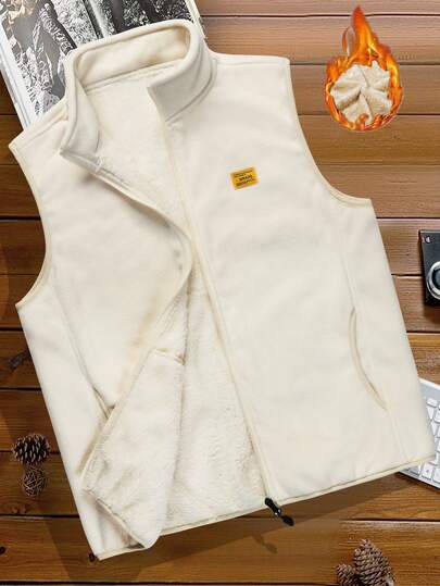 Manfinity Homme 宽松男士字母拼接泰迪熊背心外套，棕色抓绒背心，带口袋男士抓绒背心，男士抓绒外套，男士休闲抓绒背心，复古风格，适合日常休闲、周末旅行、户外活动、探险旅行、轻松的工作环境或半正式场合，也是送给男友/丈夫、周年纪念日或圣诞节的理想礼物。