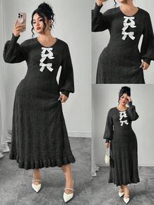 Modelyn Plus Size Color Block Bow Decor Minimalist Daily Wear Round Neck Long Sleeve Sweater Dress Plus Size Dress Maweii Plus Size Dress Plus Size Church Dress - Black - View 1
