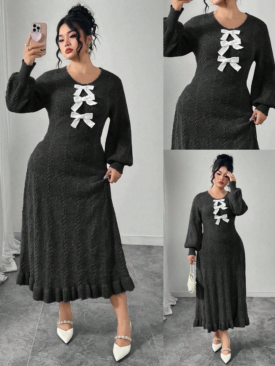 Modelyn Plus Size Color Block Bow Decor Minimalist Daily Wear Round Neck Long Sleeve Sweater Dress Plus Size Dress Maweii Plus Size Dress Plus Size Church Dress - Black - View 1