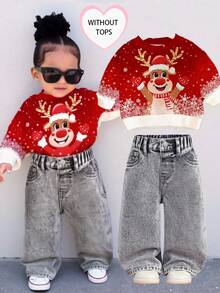 Baby Girl Cute Loose Fit Light Gray Denim Pants,Fall Clothes,Winter Clothing ,Casual And Fashionable Vacation Outfits,2000s Style  ,Christmas Clothing,Gray  Denim  Pants  ,Street Wear - Light Grey - View 8