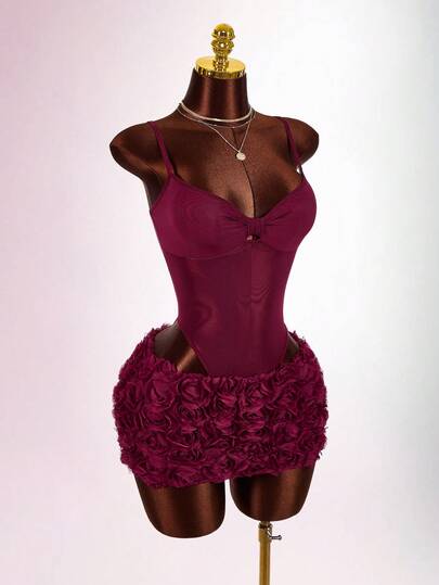  Y2K Amplova 2pcs Women's Sexy Avant-Garde Date Night Outfit, Twist Knot Butterfly Bust Waist Sheer Jumpsuit, Floral Print Skirt Slaydiva Dress Mini Dress Night Club Dress Sexy Birthday Dress