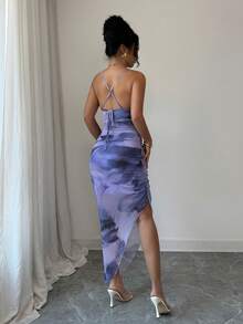 Zolique Women's Luxury Evening Dress, Tie-Dye Print Draped Neckline, Backless Spaghetti Strap Dress, Suitable For Summer - Mauve Purple - View 2