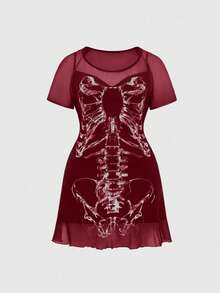 ROMWE Váy bó sát cơ thể phong cách Gothic tối màu lãng mạn cổ điển cỡ lớn - Màu Đỏ Sâu - Xem 1