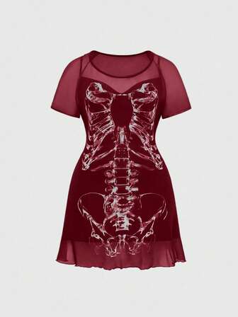 Goth Abito aderente gotico vintage romantico con scheletro, taglie comode