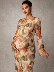 MaterniChic Tie-Dye Print Maternity Dress With Round Neck And Bell Sleeves Elegant Dresses Baby Shower Dress Pregnancy Photoshoot Dress Maternity Dress For Photoshoot Long Silk Dress Earth Tone Dress Dress Modest Modest Dress - Multicolor - View 5