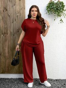 EMERY ROSE Conjunto informal de 2 piezas de color rojo sólido talla grande, adecuado para otoño/invierno y Año Nuevo - Rojo - Ver 6