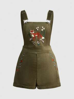 Fairycore Plus Size Retro Forest Fox Embroidered Corduroy Jumpsuit