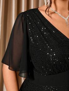 Cravure 新款V领黑色亮片拼接雪纺加大码派对连衣裙 - 黑色 - 查看 4