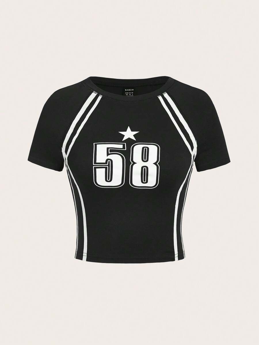 SHEIN EZwear 条纹数字印花修身圆领短袖T恤 - 黑色 - 查看 1