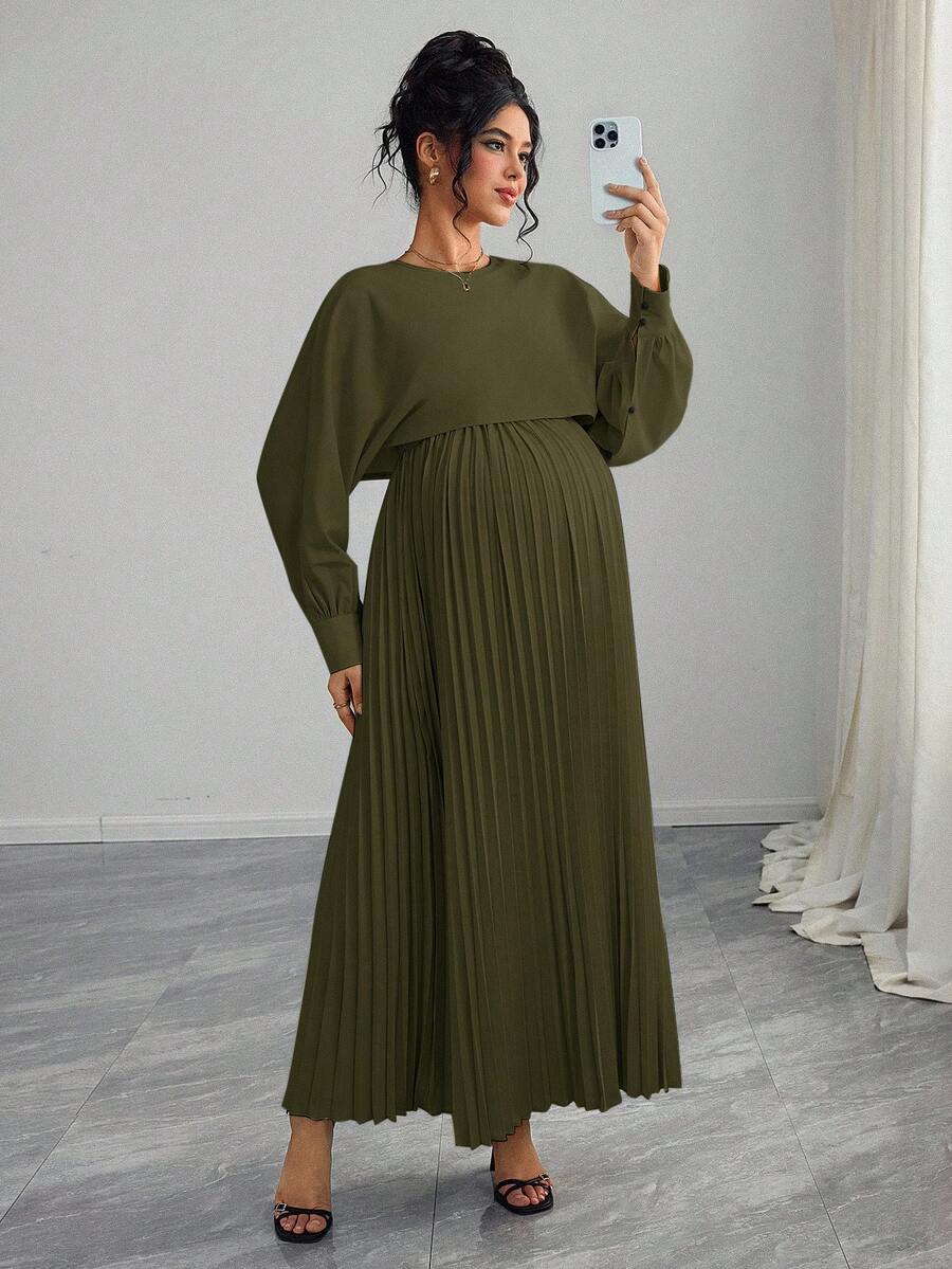 Momance Maternity Long Sleeve Dress With Button Shoulder, Pleated A-Line Hem - Army Green - View 1